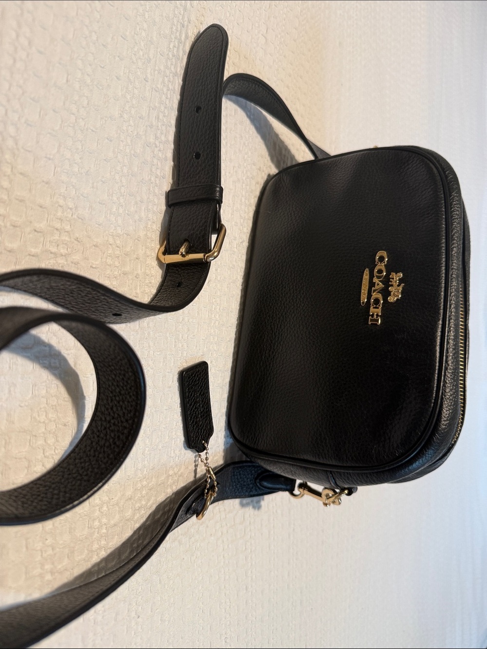 Coach Black Pebbled Leather Camera Crossbody with Gold Logo